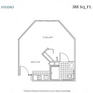 A floor plan of a 388 square foot studio apartment.
