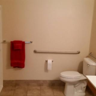 An accessible bathroom with a toilet, red towel, and grab bar.