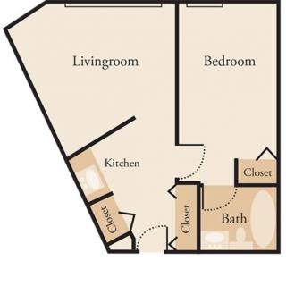 A floor plan of a one-bedroom apartment featuring a living room, kitchen, bathroom, and closets.