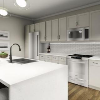 A modern kitchen with white cabinetry and stainless steel appliances, featuring an island and a stylish backsplash.