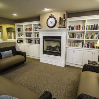 Cozy living room with a fireplace and built-in bookshelves.