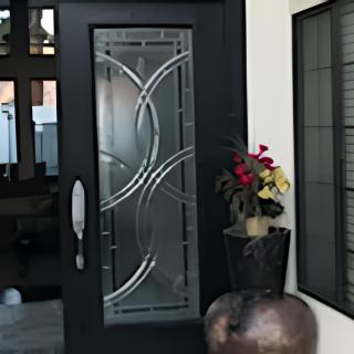 A modern entrance with a glass-designed door and decorative potted plants.