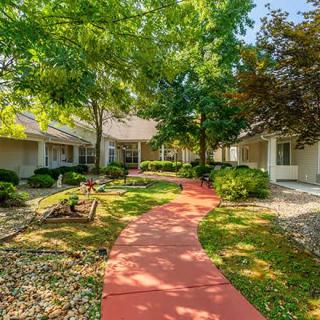 A peaceful courtyard with a red pathway surrounded by trees and greenery.