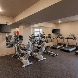 A well-equipped fitness center featuring treadmills and ellipticals, designed for an effective workout.