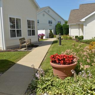 A peaceful residential pathway lined with potted flowers and garden spaces between white buildings.