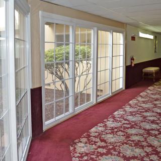A hallway with large windows and a patterned carpet.