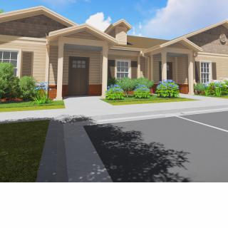 A suburban house with a landscaped front yard.