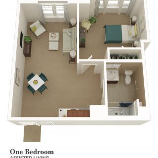 3D layout of a one-bedroom apartment featuring a living room, kitchen, and bathroom.
