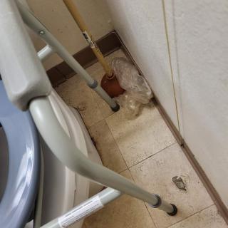 A bathroom scene with a walker, a plunger, and tissue on the floor.