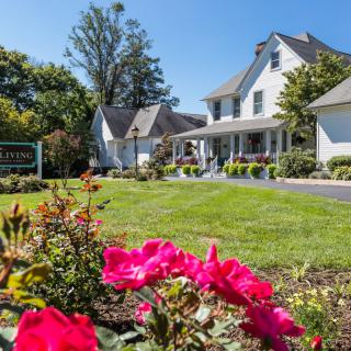 A charming house with a beautiful garden and vibrant flowers on a sunny day.