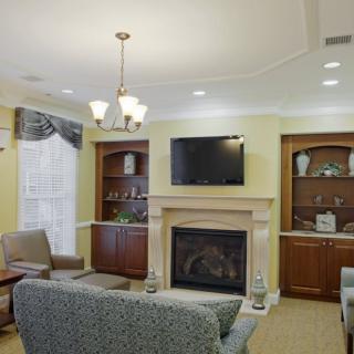 A cozy living room with a fireplace, television, and elegant furniture.