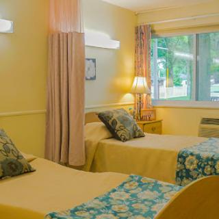 A cozy hotel room featuring two twin beds, soft yellow walls, and plenty of natural light.