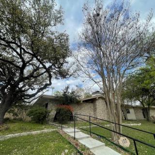 A house surrounded by trees with a pathway leading to the entrance.