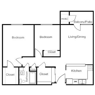 A floor plan of a two-bedroom apartment including a bathroom, kitchen, and living/dining area with a balcony.