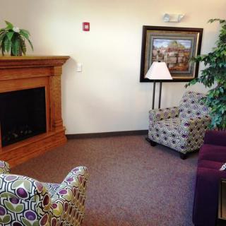A cozy living room corner featuring a fireplace, patterned chairs, and tasteful decor.
