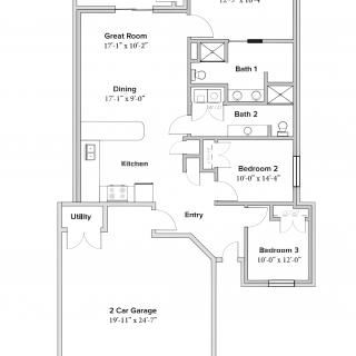 A floor plan depicting the layout of a house with labeled rooms and dimensions.