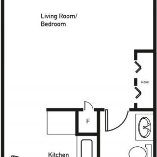 Studio apartment floor plan with designated areas for the kitchen, living room/bedroom, and bathroom.