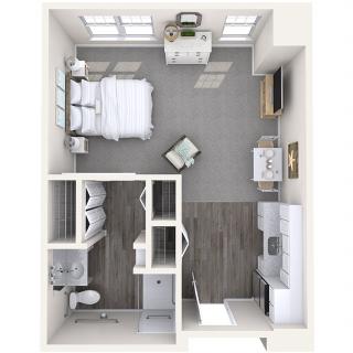 Studio apartment floor plan with separate bathroom and kitchen area.