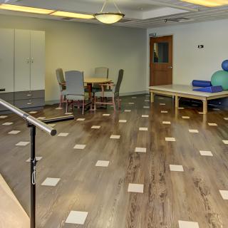 A rehabilitation room equipped with exercise balls, therapy tables, and a handrail for training and therapy exercises.