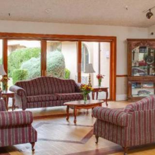 A well-furnished living room with striped sofas, a coffee table, and large windows bringing in natural light.