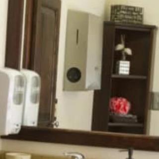 A bathroom interior featuring a mirror, shelves, and soap dispensers.