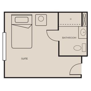 Studio apartment floor plan with a bedroom, bathroom, and living area.