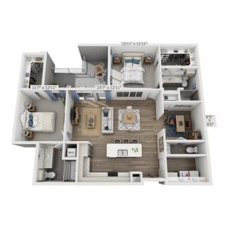 A 3D floor plan of a residential space featuring multiple rooms including a kitchen, living area, and bedrooms.