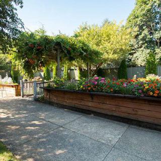 A scenic garden with a pergola covered in greenery, alongside vibrant flower beds and a concrete pathway.