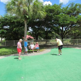People enjoying a game of mini-golf at the park on a sunny day.