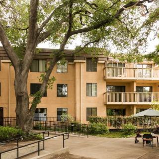 A residential apartment building with a garden and large tree in the courtyard.