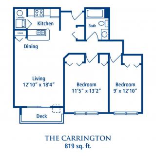 The Carrington floor plan features a two-bedroom apartment with 829 square feet of space.