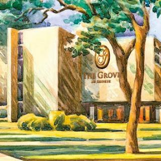 An artistic rendering of a modern building surrounded by lush greenery.