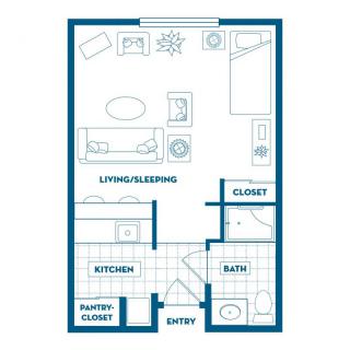 Studio apartment floor plan showing living/sleeping area, kitchen, closet, and bath.