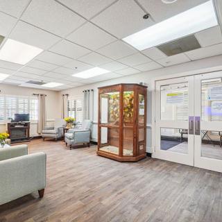 A modern lobby with comfortable seating and stylish interior design.