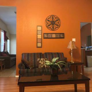 A cozy living room with an orange accent wall, featuring a sofa, a coffee table with a plant, and decorative wall art.
