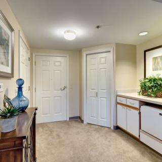 A well-lit hallway with decor and plants, featuring white doors and artwork on the walls.
