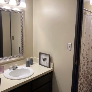 A clean and modern bathroom with a sink, mirror, and shower.