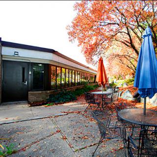 A cozy outdoor caf scene surrounded by vibrant autumn foliage.