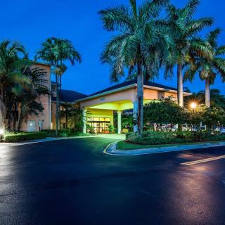 A well-lit hotel entrance at night surrounded by palm trees.
