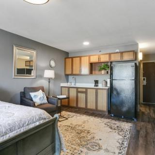 A modern studio apartment featuring a compact kitchen and cozy living area.