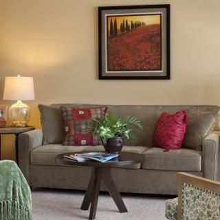 A cozy living room with a plush sofa, colorful pillows, a framed artwork on the wall, and a small table with decor.