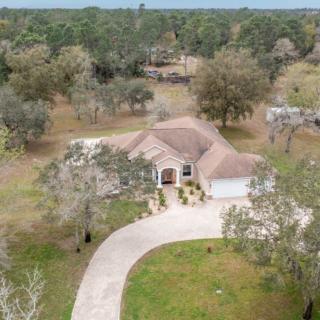 Aerial view of a house with a curved driveway surrounded by trees.