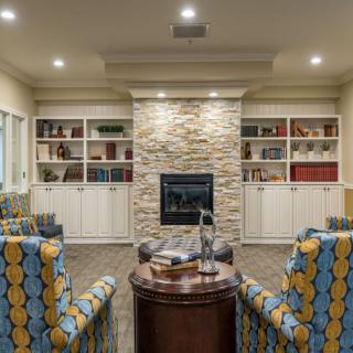 A modern living room with a central fireplace, surrounded by bookshelves and comfortable seating.
