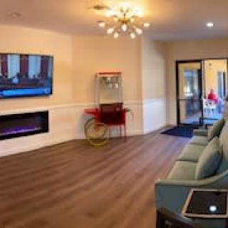 A modern living room with a TV and fireplace, featuring a popcorn machine and comfortable seating.