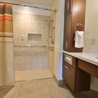 A modern accessible bathroom with a walk-in shower and vanity area.