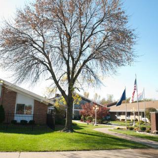 A suburban neighborhood with neatly maintained lawns, a large tree, and flags in front of brick buildings on a sunny day.