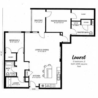 Floor plan of a two-bedroom apartment labeled 'Laurel' with designated areas for bedrooms, bathrooms, kitchen, and living space.