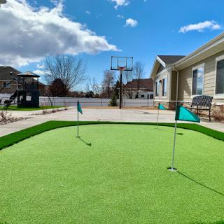 A beautifully designed backyard putting green, perfect for practicing golf skills on a sunny day.