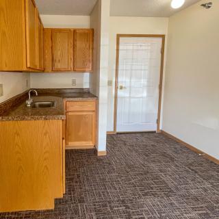 A small kitchen area featuring wood cabinets and carpeted flooring, with a door leading outside.