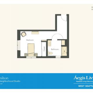Studio apartment floor plan with designated living and sleeping areas.